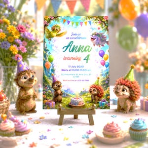 May include: A birthday invitation featuring the text "Anna is turning 4", cartoon hedgehogs, balloons, and a cake. The invitation includes the date, time, and RSVP details. The design is colourful and festive.