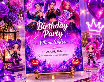 Invitación de cumpleaños Kpop editable en Canva. Plantilla de invitación para fiesta temática de Kpop neón. Descarga instantánea. Invitación de cumpleaños imprimible.