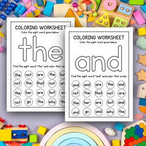May include: Two coloring worksheets with the words "the" and "and" printed in large, bold letters. Each worksheet has a series of circles with sight words. The instructions read, "Find the sight word...and color that circle."