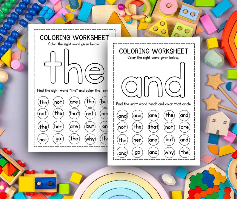 May include: Two coloring worksheets with the words "the" and "and" printed in large, bold letters. Each worksheet has a series of circles with sight words. The instructions read, "Find the sight word...and color that circle."