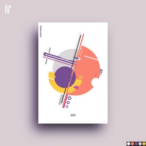 May include: A white poster featuring an abstract geometric design with a color palette of coral, purple, yellow, and gray. The design includes circles, lines, and geometric shapes. The word "AXIS" is printed at the bottom.