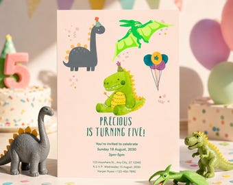 ¡Evita el estrés! Crea una invitación de dinosaurio rápidamente / Plantilla de invitación de cumpleaños editable en Canva.