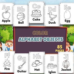 May include: A collection of illustrated flashcards featuring the alphabet, with corresponding objects. The cards are black and white, with the words "Apple", "Ball", "Cake", "Duck", "Egg", "Fire", "Guitar", "Hat", "Igloo", and "Jacket". The text "COLOR ALPHABET OBJECTS" is also visible.