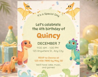 Impresiona a tus invitados con una invitación con temática de dinosaurios / Invitación de cumpleaños de dinosaurios editable en Canva