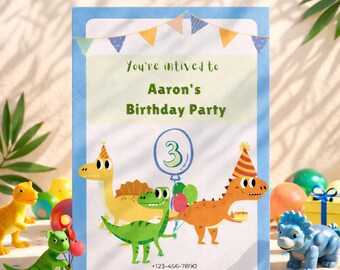 Invitación de fiesta rápida, fácil y adorable / Plantilla de cumpleaños de dinosaurios / Descarga editable en Canva