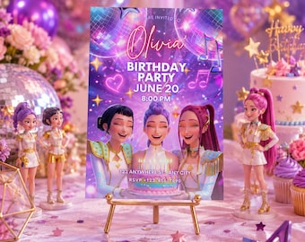Invitación de cumpleaños Kpop editable en Canva. Plantilla de invitación para fiesta temática de Kpop neón. Descarga instantánea. Invitación de cumpleaños imprimible.