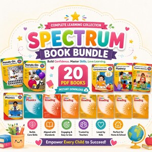May include: A digital collection of 20 educational PDF books titled Spectrum Book Bundle. The set includes various workbooks for subjects like phonics, reading, and science experiments, featuring colourful covers with illustrations and text.