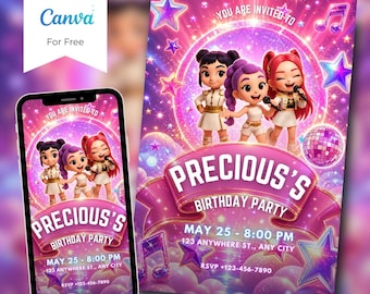 Invitación de cumpleaños Kpop editable en Canva. Plantilla de invitación para fiesta temática de Kpop neón. Descarga instantánea. Invitación de cumpleaños imprimible.