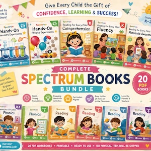 May include: A collection of Spectrum educational workbooks for grades K-6, featuring titles like Hands-On Chemistry Experiments, Reading for Every Child, Phonics, and Fluency. The bundle includes 20 PDF books with colorful illustrations of children learning, reading, and experimenting, designed for home or classroom use.