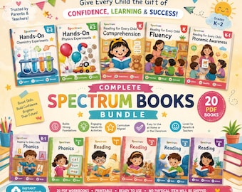 Paquete de aprendizaje completo de Spectrum Books: hojas de trabajo de fonética, lectura y ciencias para la educación en casa, imprimibles y actividades educativas para niños en formato PDF.
