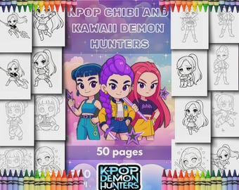 Libro para colorear de Kpop Demon Hunters, estilo anime chibi kawaii (PDF descargable)