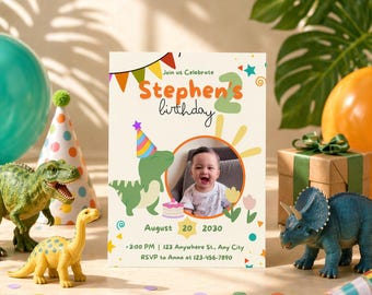 Ahorra tiempo planificando la fiesta de tu hijo/a / Plantilla de invitación de dinosaurios / Edición fácil con Canva