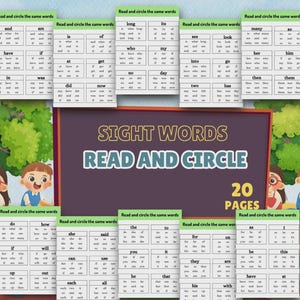 以下が含まれることがあります： 「Read and Circle」と「20 Pages」のテキストが入った、教育的なサイトワードワークシート。ワークシートには、子供たちが読んで丸を付ける単語のリストが掲載されています。画像には、本を読む子供たちの漫画イラストが描かれています。