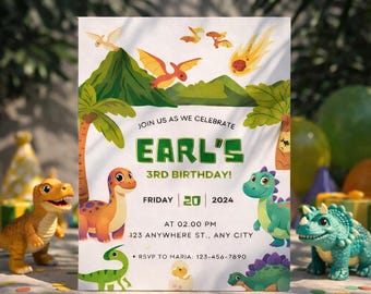 Planifica la fiesta de tu hijo más rápido hoy mismo / Plantilla editable para invitación de cumpleaños de dinosaurios