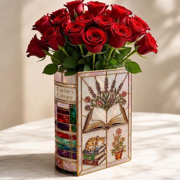 Custom Stained Glass Style Ceramic Book Vase, Personalized Library Vase, Book Lover Gift, Vintage Literary Floral Decor, Cozy Aesthetic Home