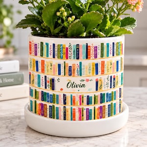 Custom Name Floral Bookish Book Lover Ceramic Flower Pot, Personalized Vintage Bookshelf Library, Reading Lover Decor, Book Lover Gift