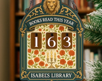 Spersonalizowany znak „Przeczytane w tym roku” – spersonalizowany licznik przeczytanych książek, licznik przeczytanych książek w tym roku, zabytkowy łuk biblioteczny, emblemat lwa