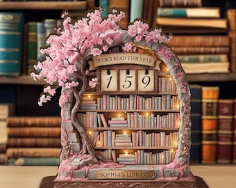Spersonalizowany kącik książkowy „Kwitnąca wiśnia” Cottagecore, tabliczka do śledzenia książek, licznik przeczytanych książek w tym roku, dekoracja do śledzenia czytania, prezent dla miłośnika książek