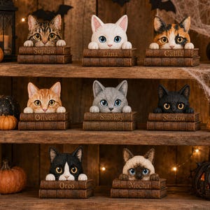 May include: A collection of eight cat figurines, each resting on a stack of two brown books. The cats are named Sophia, Luna, Callia, Oliver, Smokey, Shadow, Oreo, and Mocha. Each cat is depicted peeking over the top book with its name engraved.