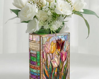 Spersonalizowany wazon ceramiczny z imitacją witrażu, wazon z tulipanem witrażowym, spersonalizowany wazon z tulipanem, prezent dla miłośnika książek, kwiatowy wystrój półki na książki