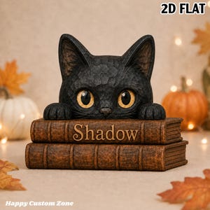 May include: A black cat figurine with large yellow eyes resting its paws on two stacked brown books. The top book has the word Shadow embossed on the spine. The surface of the cat and books features a carved, textured appearance.