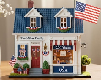 Spersonalizowany drewniany blok „Mini America 250 House” – spersonalizowana pamiątka z nazwiskiem rodzinnym, spersonalizowany dom patriotyczny, 250 drewnianych bloków, prezent na 4 lipca