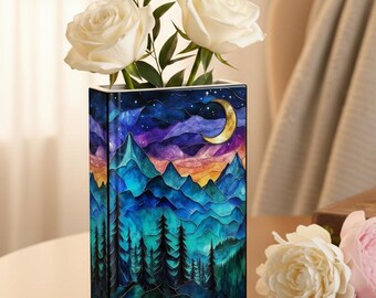 Wazon na książki z witrażem „Pełnia księżyca i las sosnowy”, abstrakcyjny wazon na książki z motywem gór, ceramiczny wazon na książki z motywem gór, kochanek w górach, prezent dla miłośnika książek