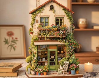 Miniaturowy domek z kwiatami, płaski, drewniany, stojący, ręcznie robiony diorama z kwiaciarni, prezent do ogrodu wróżek, prezent dla miłośnika domu, sklepik wiejski