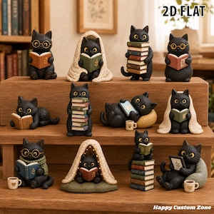 May include: A collection of black cat figurines in various poses, some wearing glasses or scarves, reading books, or sitting under blankets. Several cats are holding stacks of books, while others recline with tablets or mugs. The text 2D FLAT and Happy Custom Zone appear.