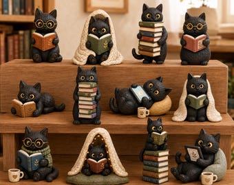 May include: A collection of black cat figurines in various poses, some wearing glasses or scarves, reading books, or sitting under blankets. Several cats are holding stacks of books, while others recline with tablets or mugs. The text 2D FLAT and Happy Custom Zone appear.