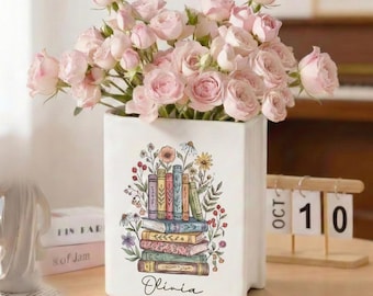 Spersonalizowany ceramiczny wazon na książki, ceramiczny pojemnik na kwiaty, prezent do wystroju domu dla miłośników książek, spersonalizowany prezent z okazji uznania dla nauczyciela