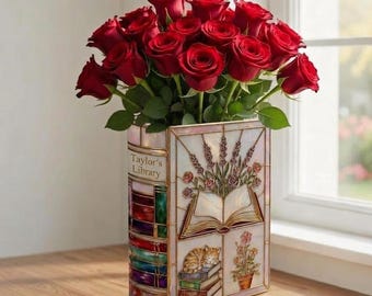 Niestandardowy ceramiczny wazon na książki w stylu witrażu, spersonalizowany wazon biblioteczny, prezent dla miłośnika książek, dekoracja kwiatowa w stylu vintage, przytulny, estetyczny dom