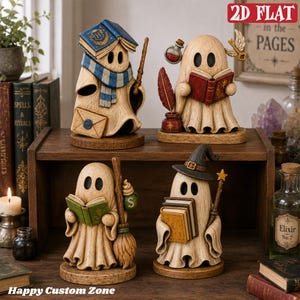 May include: Four beige ghost figurines with wood-grain texture, each holding different items: a book and wand, a potion and quill, a green book and broom, and a stack of books with a witch hat. Each ghost stands on a circular wooden base.