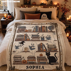 Custom Name Spooky Ghost Reading Halloween Fleece Blanket, Black Cat Ghost and Book Throw, Rustic Autumn Fleece Blanket, Halloween Gifts