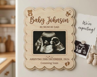 Spersonalizowana dwuwarstwowa drewniana ramka na zdjęcia USG z magnesem, prezent z okazji ogłoszenia ciąży, spersonalizowana ramka na zdjęcie USG dziecka, prezent dla dziadków