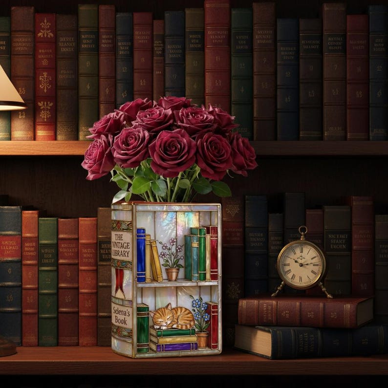 Personalized Stained Glass Style Ceramic Book Vase, Vintage Library ...