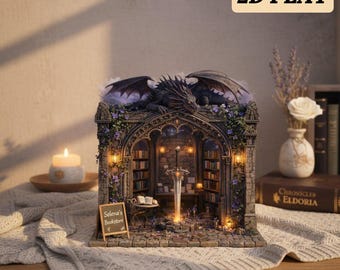 Drewniana, stojąca, fantazyjna księgarnia ze smokami, miniaturowa dekoracja biblioteki, gotycka diorama z łukiem smoka, prezent dla miłośnika książek, fantazyjna półka na książki