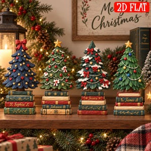 May include: Four decorative Christmas tree figurines, each standing on a stack of three books. The trees are adorned with ornaments, bows, and stars. The book spines feature the names Sophia, Johnson, Jessica, and James, with festive patterns.