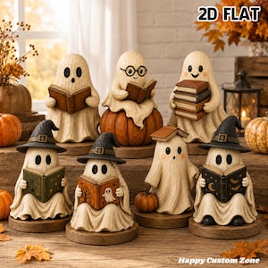 May include: Seven cream-colored ghost figurines arranged on wooden bases. Some ghosts wear black witch hats, others hold books, and one wears glasses while sitting on a pumpkin. The text 2D FLAT appears in the top right corner of the image.