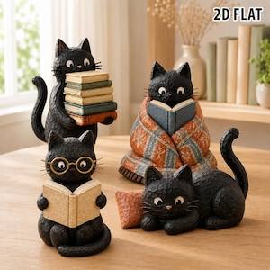 May include: Four black cat figurines with textured surfaces. One cat holds a stack of books, one wears gold glasses while reading, one sits wrapped in a patterned orange and blue blanket reading a book, and one lies down next to a small orange pillow.