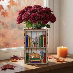 Jarrón de cerámica personalizado estilo vidriera, jarrón de biblioteca vintage, regalo para amantes de los libros, jarrón floral para libros