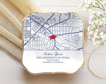 Spersonalizowana miska na biżuterię z mapą kampusu, prezent na ukończenie szkoły w 2026 roku, spersonalizowana miska na pierścionek z mapą uczelni, prezent dla absolwenta dla niej