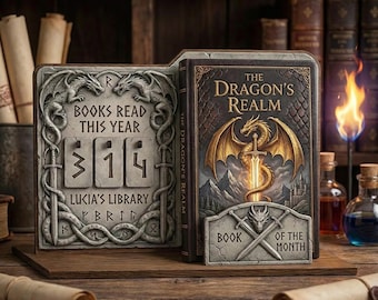 Stojak na książki z motywem fantasy dragon, spersonalizowany stojak na książkę miesiąca, licznik przeczytanych książek w tym roku, spersonalizowana dekoracja biblioteki z imieniem dla moli książkowych