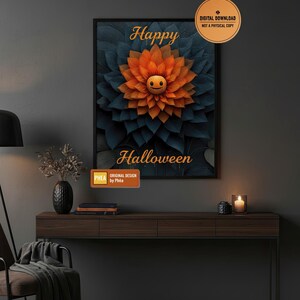 Peut inclure: Impression d'art numérique sur le thème d'Halloween, encadrée. L'œuvre présente une fleur orange stylisée avec un visage souriant au centre, sur fond bleu foncé. Les mots "Happy Halloween" sont écrits en script élégant.