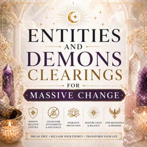Puede incluir: Un anuncio con el texto "ENTIDADES Y LIMPIEZAS DE DEMONIOS PARA UN CAMBIO MASIVO". La imagen presenta cristales, velas y símbolos que representan la protección energética, el equilibrio y los nuevos comienzos. El texto inferior dice "LIBÉRATE • RECUPERA TU ENERGÍA • TRANSFORMA TU VIDA".