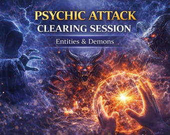 May include: A digital graphic featuring the text PSYCHIC ATTACK CLEARING SESSION Entities & Demons. The image displays a dark hooded figure, a central horned demon with glowing red eyes, and hands casting a bright orange energy sphere.