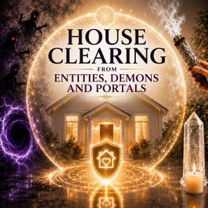 May include: A graphic featuring the text HOUSE CLEARING FROM ENTITIES, DEMONS AND PORTALS. The image displays a house inside a glowing golden sphere, a shield icon with a house and heart, a smoking sage bundle, a crystal point, and a candle.