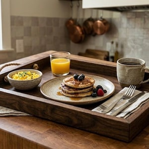 May include: A wooden breakfast tray with rope handles holds a meal. It includes pancakes with berries, scrambled eggs, orange juice, and a mug of coffee. A napkin with silverware is also on the tray.