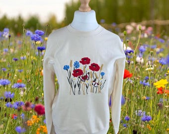 Jardín de Pauline: Sudadera bordada con flores de verano; jersey para adultos con diseño de jardín, amapolas, acianos y margaritas.