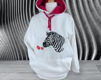Sudadera con capucha y margaritas bordadas de cebra; sudadera con capucha para adultos con flores de cebra
